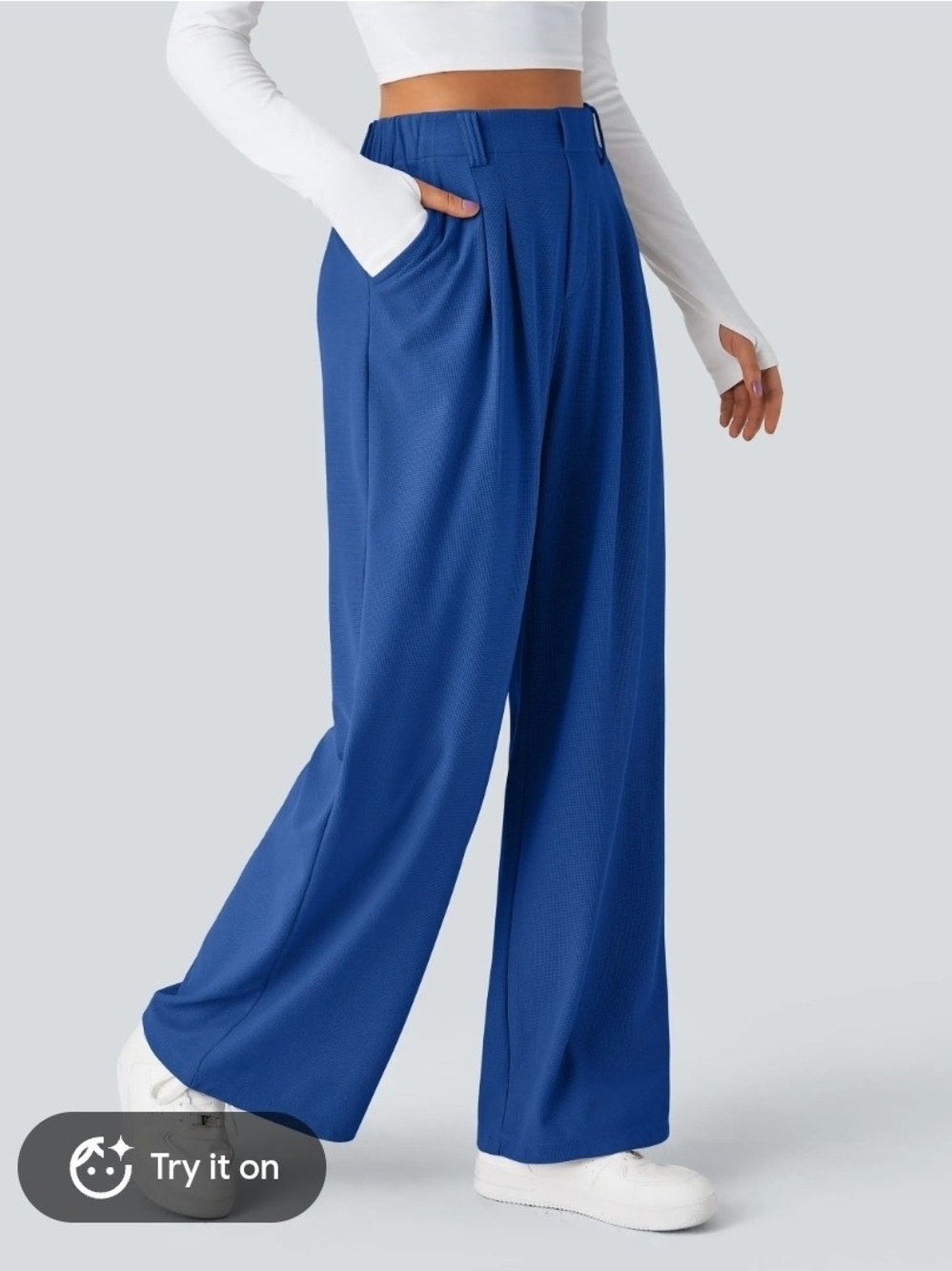 Halara Women’s Blue flex Wide Leg Pleated waffle work Pants Pockets M